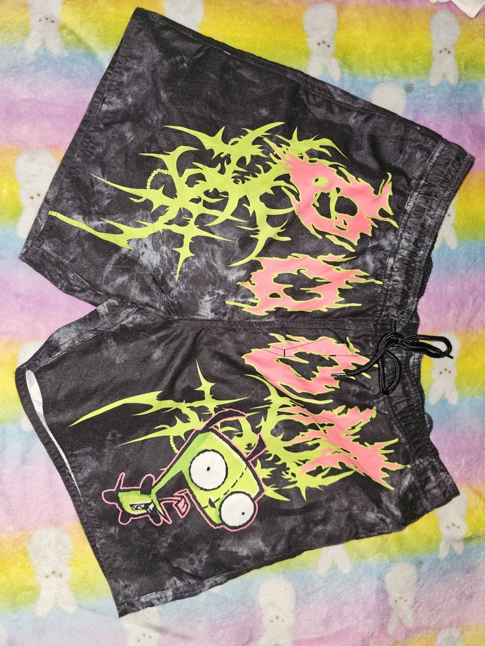 Men's Black Graphic Athletic Shorts with Neon Green and Pink Accents